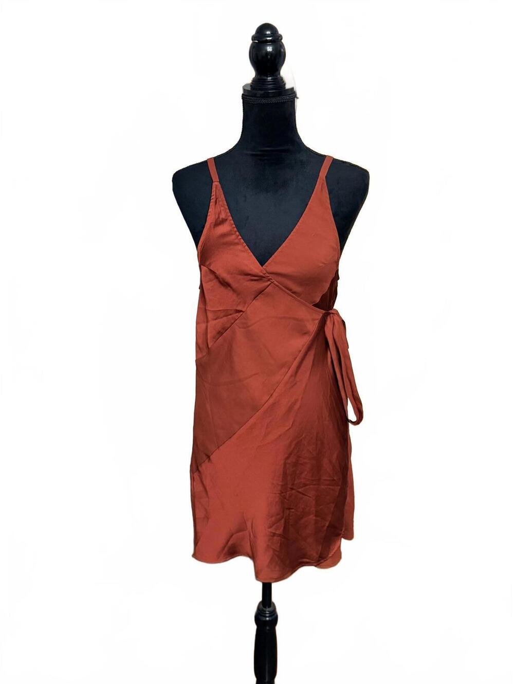 Intimately Free People It Takes Two Satin Wrap MiniDress Rust Orange Size M Boho